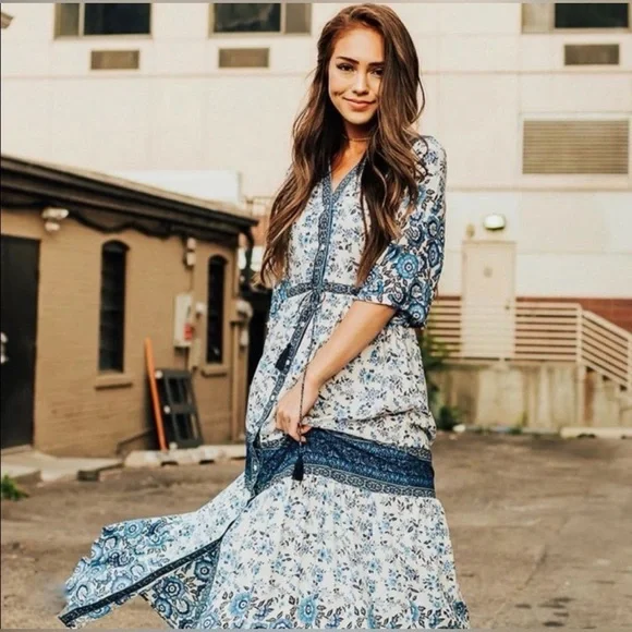 FP To Love | Maxi Dress Boho Blue Floral White Button Down Women’s Size Small - Picture 2 of 13